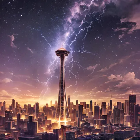 isekai space needle、space needle of the near future、space needle、landmark、thunder clouds、lightning bolt、thunderstyle, simple pur...