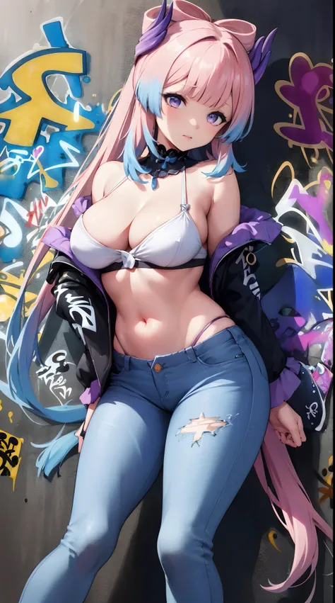 Sankonomiya|Kokomi Genshin Effects, master-piece, bestquality, 1girls,20 age, Double tail hairstyle, proportional body, Long Jeans, oversized breasts, ,bara, (Graffiti:1.5), Splash with purple lightning pattern., arm behind back, against wall, View viewers...