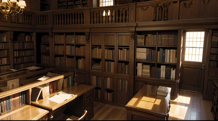 Archive of documents and books, library, wooden shelves