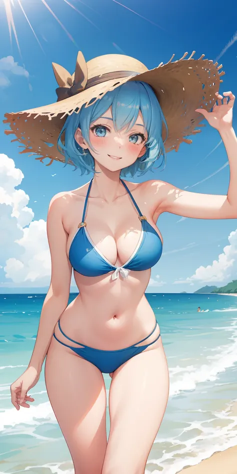 1girl. , short hair,  light blue hair, swimsuit, blush, smiling, on the beach, straw hat, glowing, sidelighting, wallpaper.