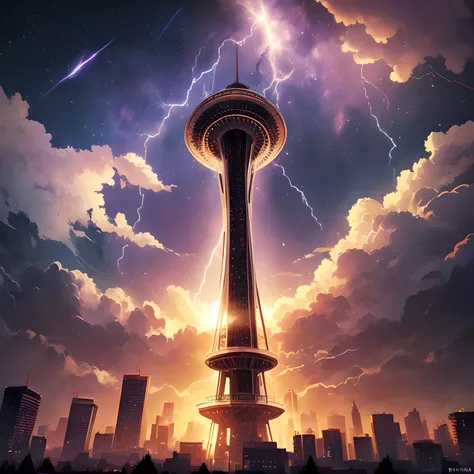 Isekai Space Needle、Space Needle of the near future、Space Needle、landmark、thunder clouds、lightning bolt、thunderstyle, simple purple background,　Space Needle floating in the night view of Seattle、fantasy art,