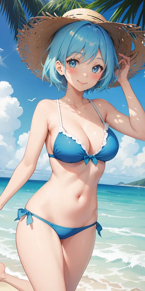 1girl. , short hair,  light blue hair, swimsuit, blush, smiling, on the beach, straw hat, glowing, sidelighting, wallpaper.