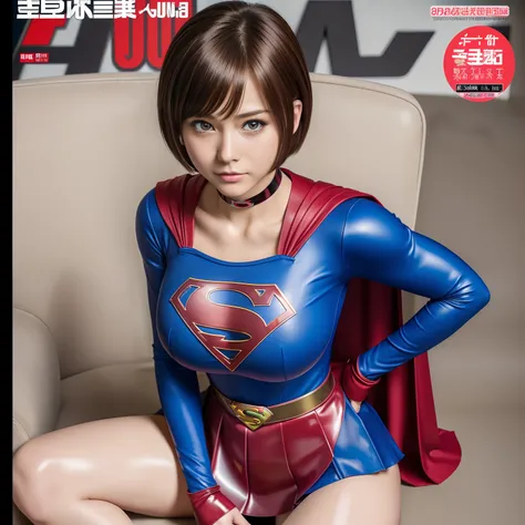 (Best Quality,4K,8K,hight resolution,masutepiece:1.2),Ultra-detailed,Realistic:1.37,Super masterpiece,Short-haired Supergirl、large full breasts、Looking at the camera、Glossy costume、a choker、Too short miniskirt、Magazine covers、Weekly Shonen Jump、Seated Pose