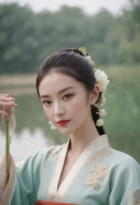 By the lotus pond，Chinese beauty in Hanfu，Lotus in the background，Facing the lens，The sleeves flutter，4K，8K，Motion picture film