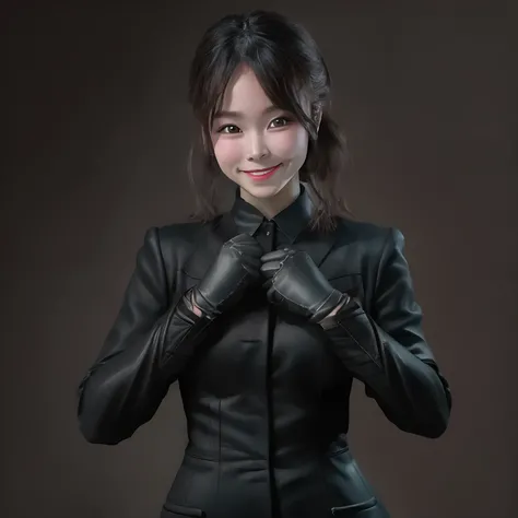 Young Japan woman lifting black suit onto shirt, Black leather gloves worn on both hands, Hands of a woman in a black suit and black leather gloves smile kindly at you