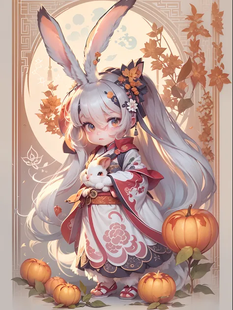 （personification：1.4），（full body shot of），（China - 1 cute rabbit，Hanfu，standing on two feet，moon full，Mid-Autumn Festival，sweet osmanthus，Oriental elements），（Chinese - chic illustration：1.5，Vector painting：1.5），（Chinese colors，senior color matching，gradien...