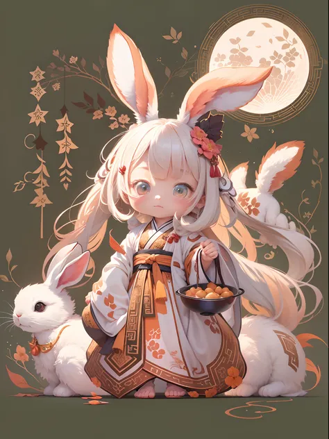 （personification：1.4），（full body shot of），（China - 1 cute rabbit，Hanfu，standing on two feet，moon full，Mid-Autumn Festival，sweet osmanthus，Oriental elements），（Chinese - chic illustration：1.5，Vector painting：1.5），（Chinese colors，senior color matching，gradien...