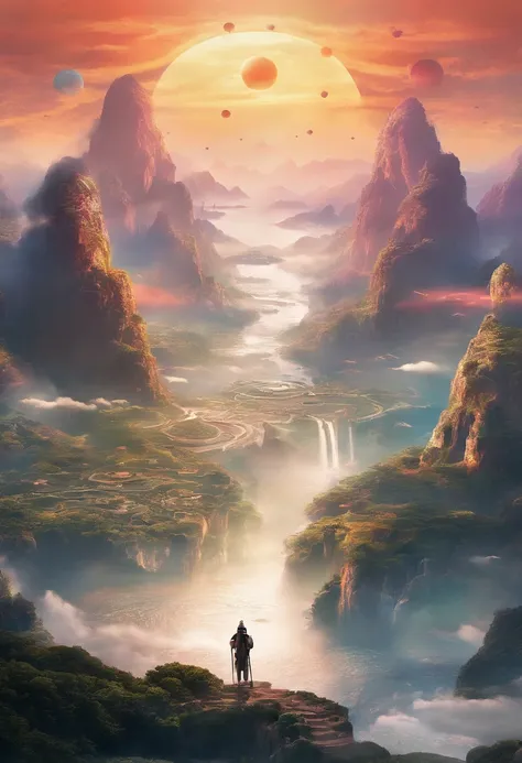 Ancient Chinese landscapes, Mountains, rivers, Auspicious clouds, Sunshine, Masterpieces, Super detail, Epic composition, Ultra HD, High quality, Extremely detailed, offcial art, Unified 8k wallpaper, Super detail, 32k -- v 6