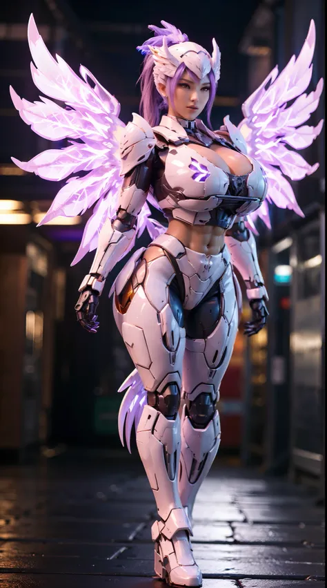 HUGE FAKE BOOBS, PONYTAIL, (BEAUTY PURPLE, WHITE), SEXY MECHA ARMOR, (CROP TOP), FUTURISTIC MECHA SUIT, (CLEAVAGE), ((LARGEST MECHANICAL PHOENIX BOTH WINGS)), (TALL LEGS), (STANDING), SEXY BODY, MUSCLE ABS, UHD, 8K, 1080P.