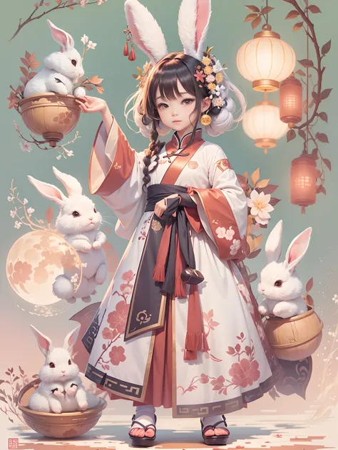 （personification：1.4），（full body shot of），（China - 1 cute rabbit，Hanfu，standing on two feet，moon full，Mid-Autumn Festival，sweet osmanthus，Oriental elements），（Chinese - chic illustration：1.5，Vector painting：1.5），（Chinese colors，senior color matching，gradien...