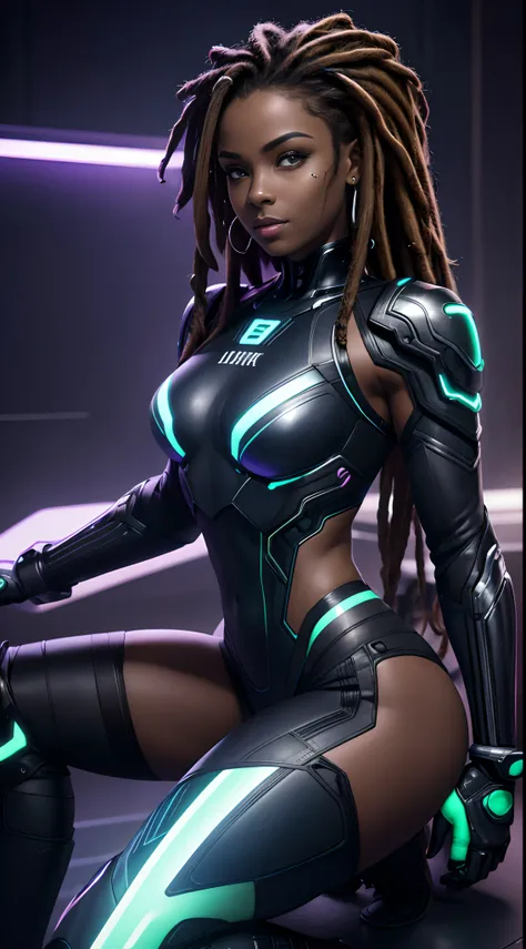 In a Cinematic Photography style, 1girl, Dark ebony skin with a nano-infused shimmer, Deep hazel eyes with electric blue flickers, cyber-enhanced vision, Dreadlocks with metallic and neon highlights, neural interface, Thick, muscular, yet sculpted, Cyberne...