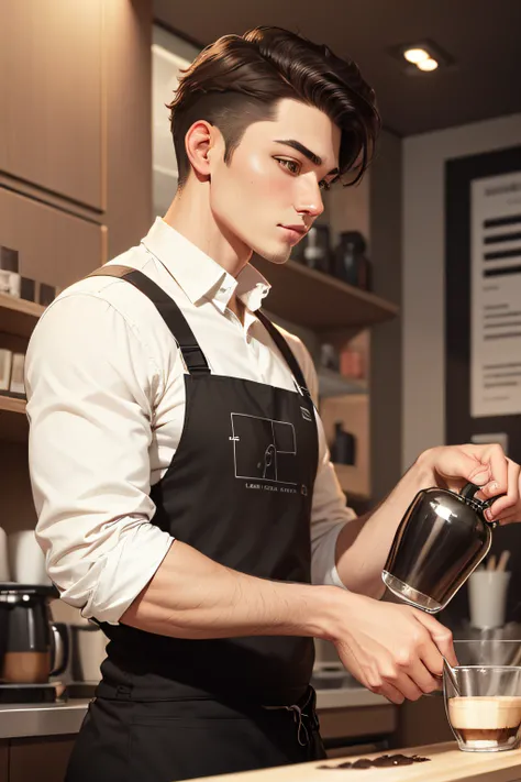 flatillustration，line art，minimize，A male barista makes coffee，Black line，Brown highlight，white backgrounid