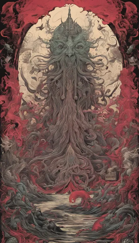 From the depths he emerges, devil, 
The Cthulhus Parade in crimson hues.
Whispers of the otherworldly echo,
A festival where madness and beauty fuse.

In the night sky adorned with abyssal splendor,
Feathers stained with blood dance and soar.
Entwined by t...