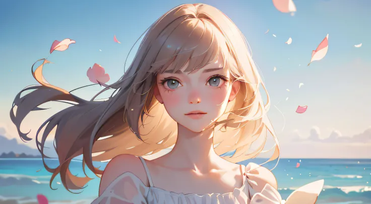 "(Best quality, masterpiece, ultra-realistic) | (Portrait of a beautiful and delicate girl with a playful and cute expression) | (Floating petals in the background)" standing on the beach, wide angle.