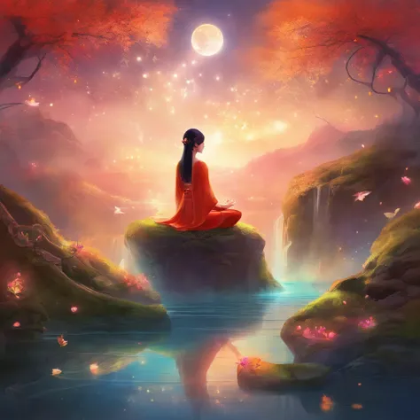 a chinese and beautiful women，Wear yoga clothing，Sit on a stone and meditate, at centre，cosmic energy，Particle light，Bright colors，Art germ,,Visual harmony, Mysterious mechanism, The Queens seat