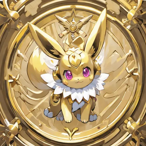 Eevee, white and silver, gold wave stripes, gears, pink eyes surrounded by gold metal, mecha, masterpiece, best quality