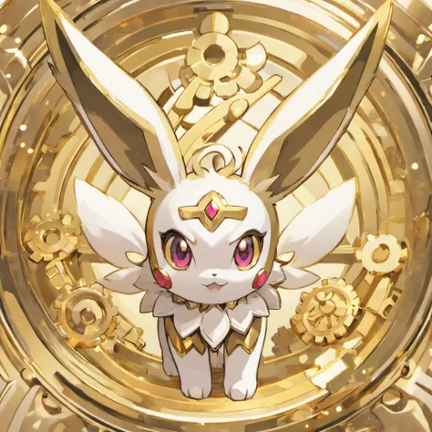 Eevee, white and silver, gold wave stripes, gears, pink eyes surrounded by gold metal, mecha, masterpiece, best quality