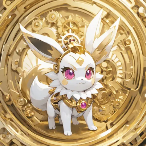 Eevee, white and silver, gold wave stripes, gears, pink eyes surrounded by gold metal, mecha, masterpiece, best quality