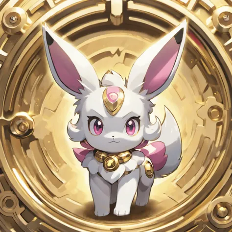 Eevee, white and silver, gold wave stripes, gears, pink eyes surrounded by gold metal, mecha, masterpiece, best quality