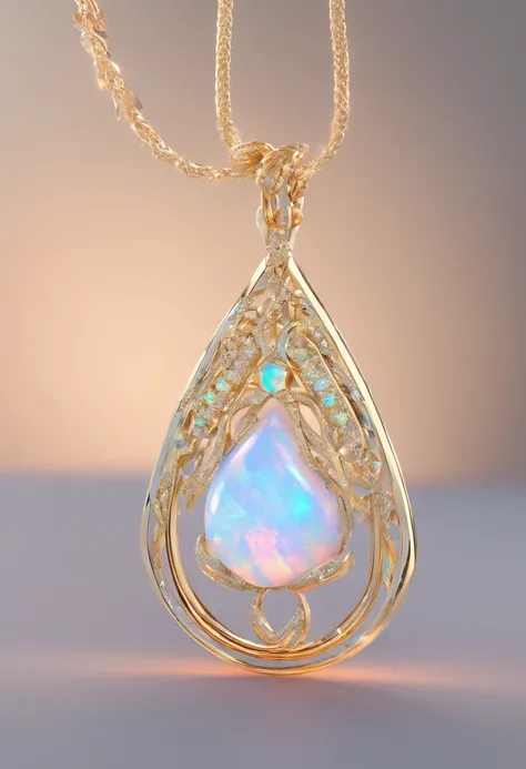 Unique wire-wrapped opal pendant，White isolation leather rope, Award-winning studio photography, Professional color grading, Soft shadows, no contrast, clean sharp focus, focus stacking, Digital photography, 8K