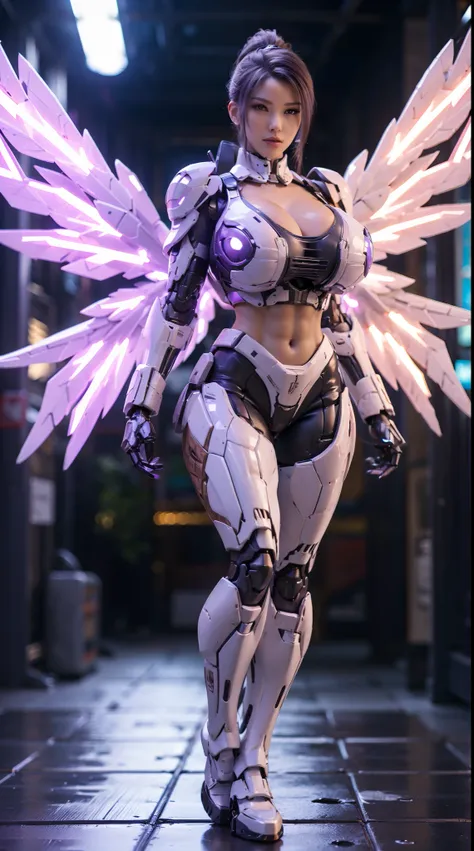 HUGE FAKE BOOBS, PONYTAIL, (BEAUTY PURPLE, WHITE), SEXY MECHA ARMOR, (CROP TOP), FUTURISTIC MECHA SUIT, (CLEAVAGE), ((LARGEST MECHANICAL HAWK BOTH WINGS)), (TALL LEGS), (STANDING), SEXY BODY, MUSCLE ABS, UHD, 8K, 1080P.