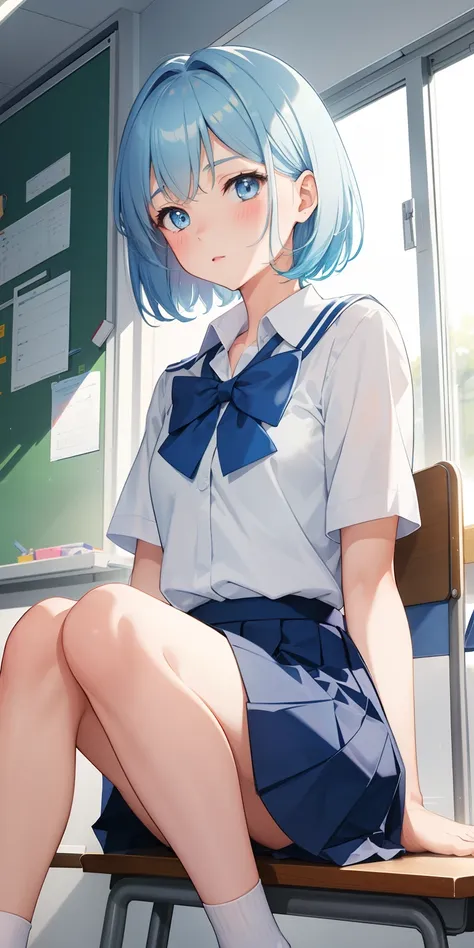 1girl and 1 dog. , short hair,  light blue hair, school uniform, skirt, sitting, classroom, blush, glowing, sidelighting, wallpaper.