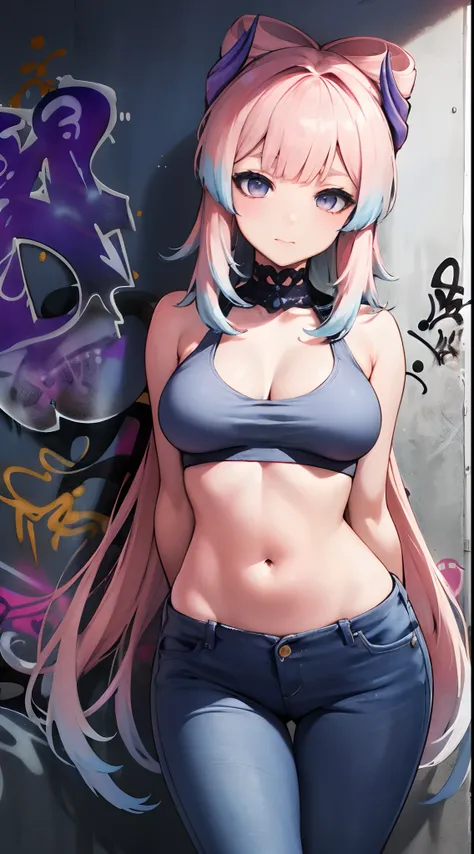 Sankonomiya|Kokomi Genshin Effects, master-piece, bestquality, 1girls,20 age, Double tail hairstyle, proportional body, Long Jeans, oversized breasts, ,bara, (Graffiti:1.5), Splash with purple lightning pattern., arm behind back, against wall, View viewers...