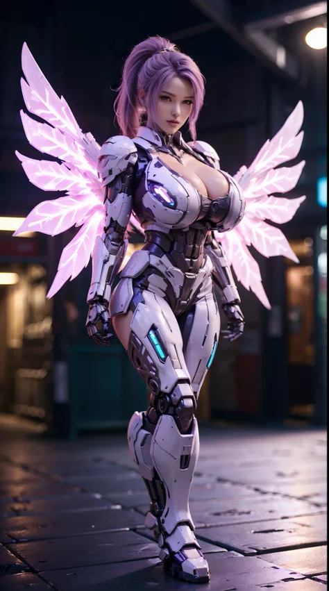 HUGE FAKE BOOBS, PONYTAIL, (BEAUTY PURPLE, WHITE), SEXY MECHA ARMOR, (CROP TOP), FUTURISTIC MECHA SUIT, (CLEAVAGE), ((LARGEST MECHANICAL HAWK BOTH WINGS)), (TALL LEGS), (STANDING), SEXY BODY, MUSCLE ABS, UHD, 8K, 1080P.