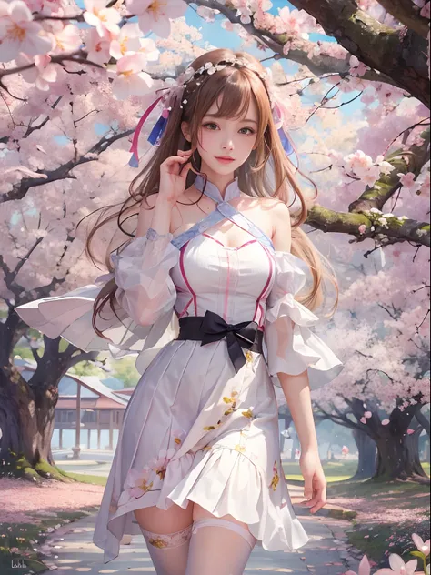 (Masterpiece), Best quality, high resolution, Highly detailed, Detailed background, Perfect lighting, En plein air, 1girll, cherry blossom in full bloom，full bodyesbian，White stockings