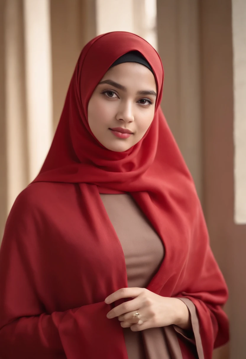 Photo portrait of a beautiful Bandung girl wearing a hijab and dimples, around 17 years old, (plain red hijab), (portrait medium shot:1.3), dramatic light, Rembrandt lighting scheme, (hyperrealism:1.2), (8K UHD: 1.2), ( photorealistic:1.2), shot with Canon...