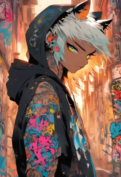 A cool and trendy cat, white hair, blue eyes, wearing trendy hip hop clothing, wearing a hoodie, graphic t-shirt and torn jeans, tons of tattoos and piercings, graffiti style background, highly detailed background, perfect masterpiece, high quality, high r...