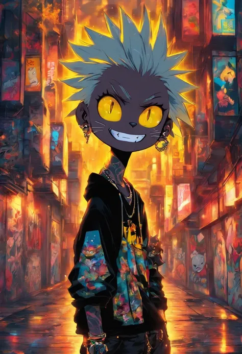 A cool and trendy cat, white hair, yellow eyes, wearing trendy hip hop clothing, wearing a hoodie, graphic t-shirt and torn jeans, tons of tattoos and piercings, graffiti style background, highly detailed background, perfect masterpiece, high quality, high...