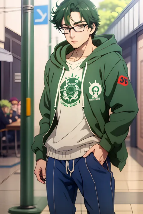 anime boy, green hair, dark green eyes, green glasses, wearing green hoodie, holding laptop, standing full body view