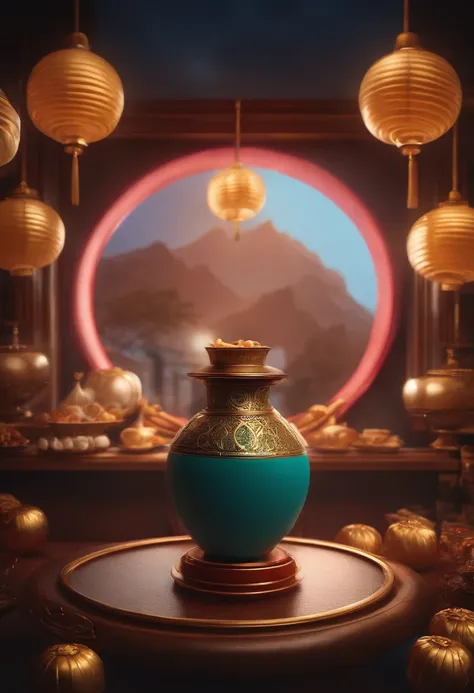 4k，Commercial shooting, Shoot from a retro perspective，during night，Huge Full Moon，A small amount of smoke，The main object is a bottle of coconut milk，A small amount of Cantonese egg yolk mooncakes, Mooncake size, poster for, Fresh style background, , Boot...