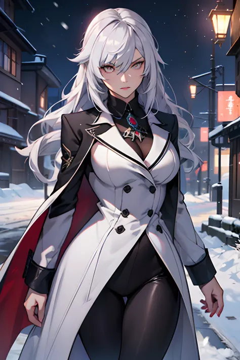 white eyes, dark silver hair, velvet clothes, overcoat, tights, russian, genshin-impact, ice vision, catalyst, cold gaze, snow, archon, hot woman, mommy vibes, 27 years old