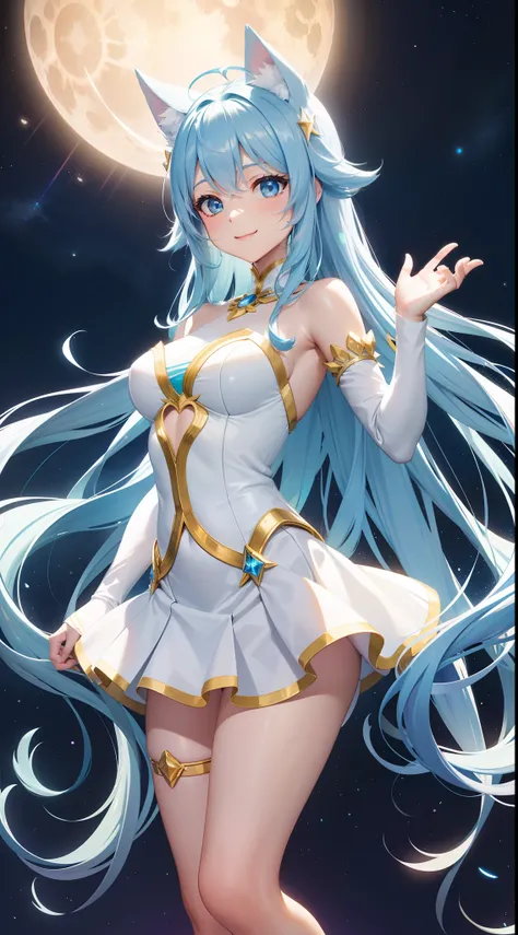 Super Idol　a beauty girl　A charming smile　sky blue hair　length hair　Twin-tailed　Sexy outfit with glowing bright yellow and white skin visible　Mystical　Fantasia　constellation　a moon　Crystal Brilliance　Aurora Borealis in the Night Sky