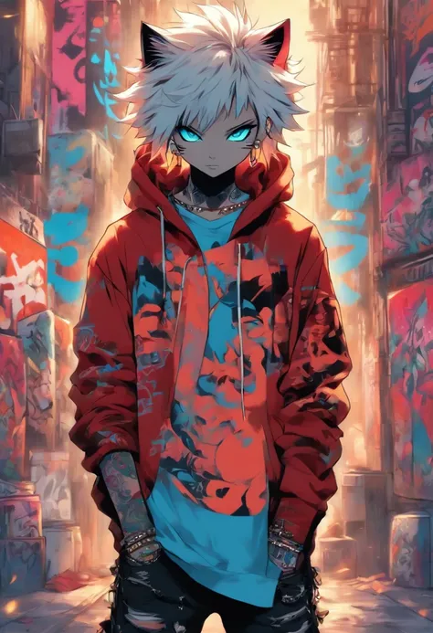 A cool and trendy cat, white hair, blue eyes, wearing trendy hip hop clothing, wearing a hoodie, graphic t-shirt and torn jeans, tons of tattoos and piercings, graffiti style background, highly detailed background, perfect masterpiece, high quality, high r...