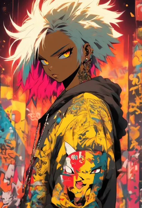 A cool and trendy cat, white hair, yellow eyes, wearing trendy hip hop clothing, wearing a hoodie, graphic t-shirt and torn jeans, tons of tattoos and piercings, graffiti style background, highly detailed background, perfect masterpiece, high quality, high...