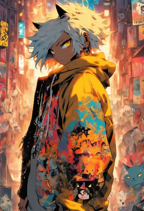 A cool and trendy cat, white hair, yellow eyes, wearing trendy hip hop clothing, wearing a hoodie, graphic t-shirt and torn jeans, tons of tattoos and piercings, graffiti style background, highly detailed background, perfect masterpiece, high quality, high...