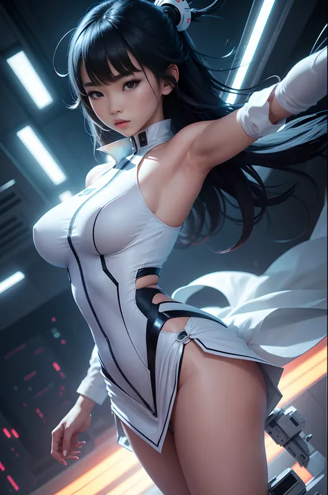 Asian woman in futuristic white clothes, Balance miniskirts, Standing on the edge of the roof of a skyscraper, arms stretched out, Neon Night, ciberpunk, makoto sinkai, Cinematic