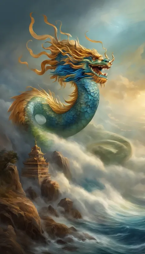 Vickers style, The graphics in the poster design are ocean colors, Chinese dragon in ink painting,, As a water god, Living in the North Sea, Control thunderstorms at sea, an ancient Chinese god, jesus stand against dragon and opened his hands, Super sharp,...