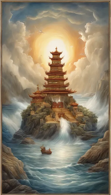 Vickers style, The graphics in the poster design are ocean colors, Chinese dragon in ink painting,, As a water god, Living in the North Sea, Control thunderstorms at sea, an ancient Chinese god, jesus stand against dragon and opened his hands, Super sharp,...