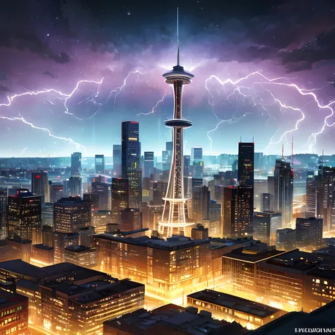 Isekai Space Needle、Space Needle of the near future、Space Needle、landmark、thunder clouds、lightning bolt、thunderstyle, simple purple background,　Space Needle floating in the night view of Seattle、fantasy art, The glowing Space Needle、Fantasy world of Seattl...