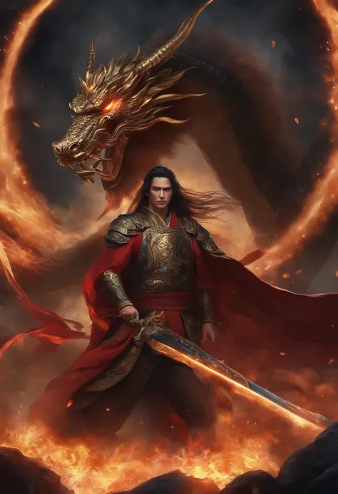 Young men（The male），フォトリアリスティック,  Gorgeous robes stirred in the wind, The sword, Burning eyes,War background image (disarray), full bodyesbian, A huge Chinese dragon behind him,8K，16K