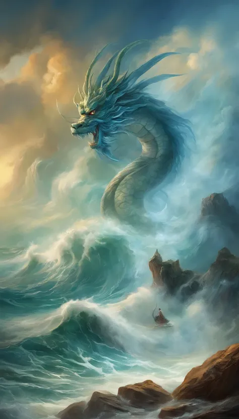 Vickers style, The graphics in the poster design are ocean colors, Chinese dragon in ink painting,, As a water god, Living in the North Sea, Control thunderstorms at sea, an ancient Chinese god, jesus stand on a rock against dragon and opened his hands, Su...