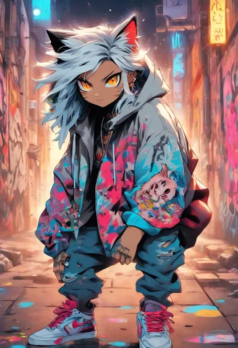 A cool and trendy cat, white hair, blue eyes, wearing trendy hip hop clothing, wearing a hoodie, graphic t-shirt and torn jeans, tons of tattoos and piercings, graffiti style background, highly detailed background, perfect masterpiece, high quality, high r...