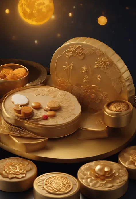 Create artistic depictions of mooncakes "Moon" On the surface of the cake, mid-autumn festival，Bright moon，best qualtiy，3D modeling rendering，C4D style，wide wide shot，8K