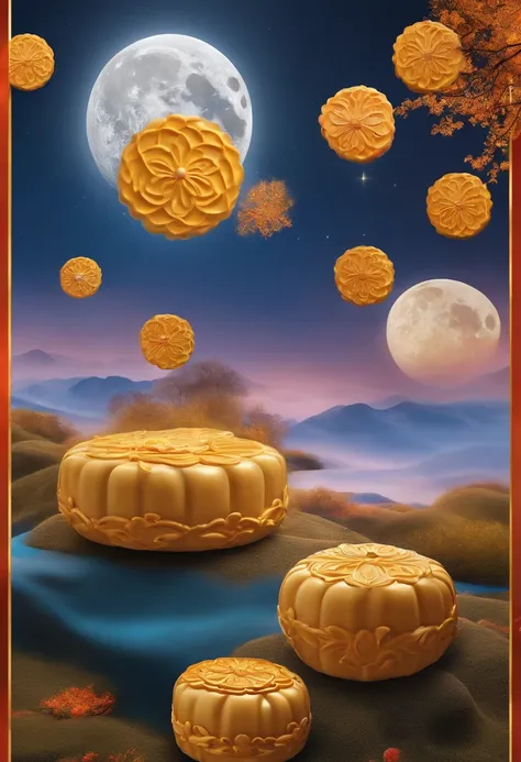 Create artistic depictions of mooncakes "Moon" On the surface of the cake, mid-autumn festival，Bright moon，best qualtiy，3D modeling rendering，C4D style，wide wide shot，8K