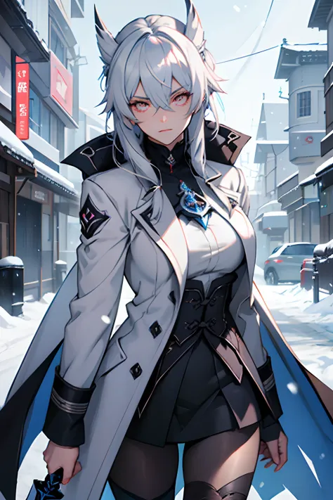 white glowing eyes, dark silver hair medium a little bit light blue pastel, velvet clothes, overcoat, young, tights, russian, genshin-impact, ice vision, catalyst, cold gaze, snow, archon, hot woman, mommy vibes, 27 years old, badass, with a big ice sword ...