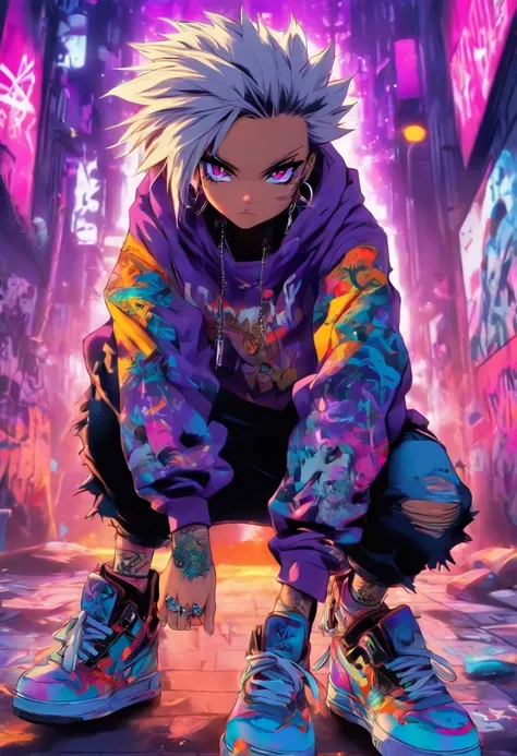 A cool and trendy cat, platinum hair, purple eyes, wearing trendy hip hop clothing, wearing a hoodie, graphic t-shirt and torn jeans, tons of tattoos and piercings, graffiti style background, highly detailed background, perfect masterpiece, high quality, h...